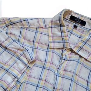Alan Flusser Men Size M Widowpane Stripe Plaid 100% Linen Button Up Shirt Preppy